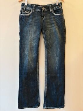 Rock & Roll Cowgirl Rhinestone Flap low rise Pocket Bootcut Jeans Size 27.